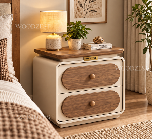Modern Cream & Walnut 2 Drawer Bedside Table