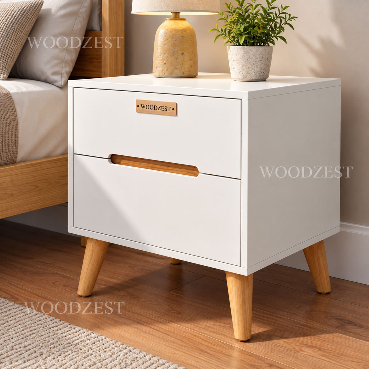 Modern White 2 Drawer Bedside Table with Wooden Legs