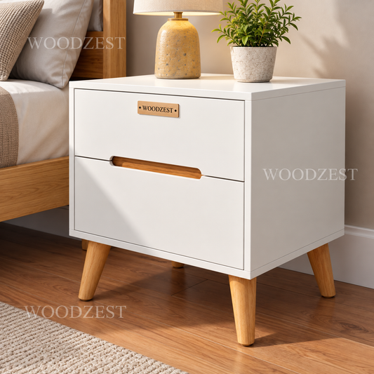 Modern White 2 Drawer Bedside Table with Wooden Legs