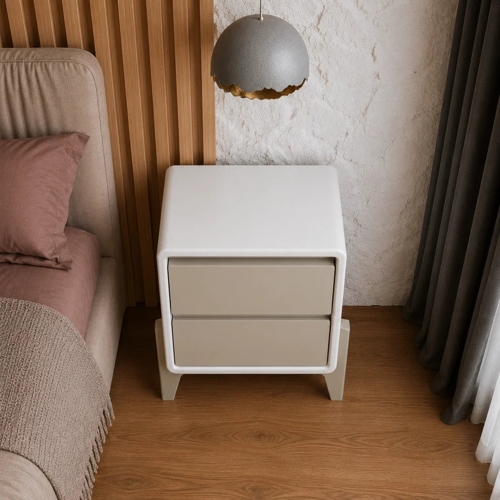 Modern White Bedside Table with Grey Drawers & Curved Legs