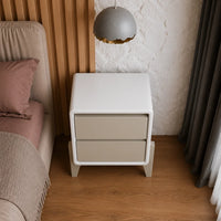 Modern White Bedside Table with Grey Drawers & Curved Legs
