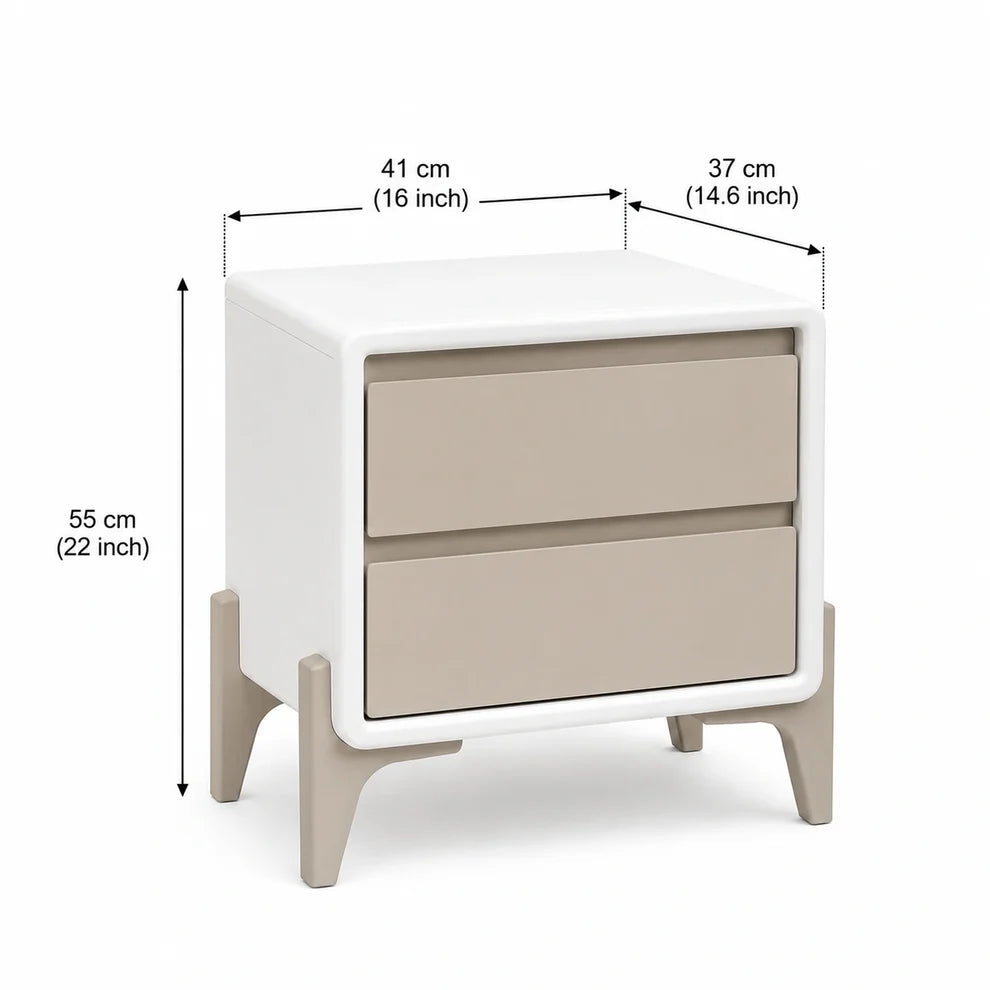 Modern White Bedside Table with Grey Drawers & Curved Legs
