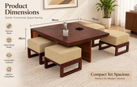 Brown Wooden Coffee Table with 2 Stools & Storage Shelves