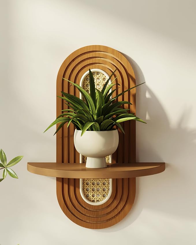 WOODZEST Solid Wood & Cane Floating Wall Shelf for Home Decor