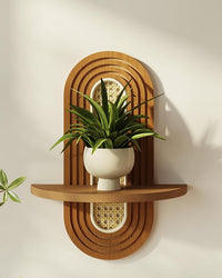 WOODZEST Solid Wood & Cane Floating Wall Shelf for Home Decor