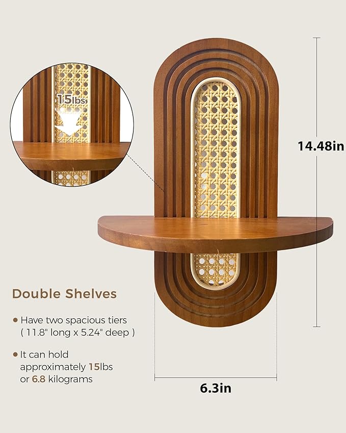 WOODZEST Solid Wood & Cane Floating Wall Shelf for Home Decor