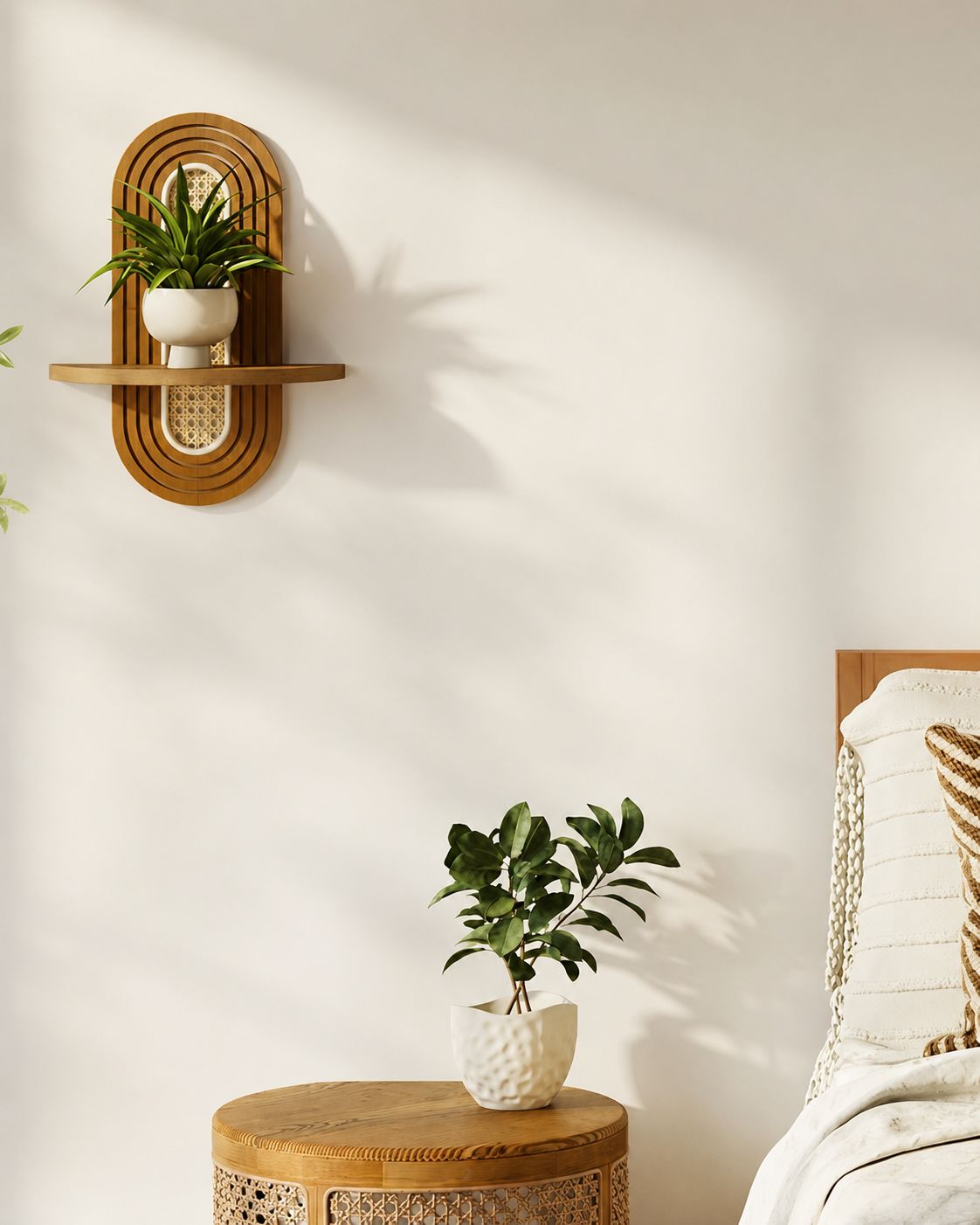 WOODZEST Solid Wood & Cane Floating Wall Shelf for Home Decor