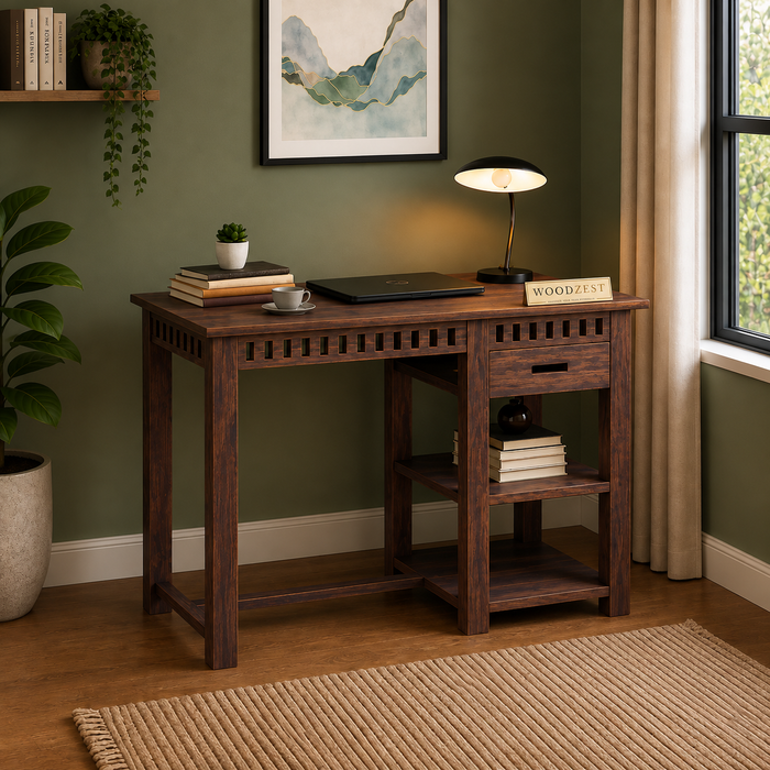Sheesham Wood Study Desk with Drawer & Open Storage