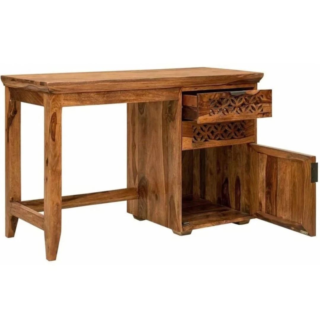 A rustic brown wooden writing desk with a carved drawer, open storage compartment, and open side cabinet door, shown on a plain white background.