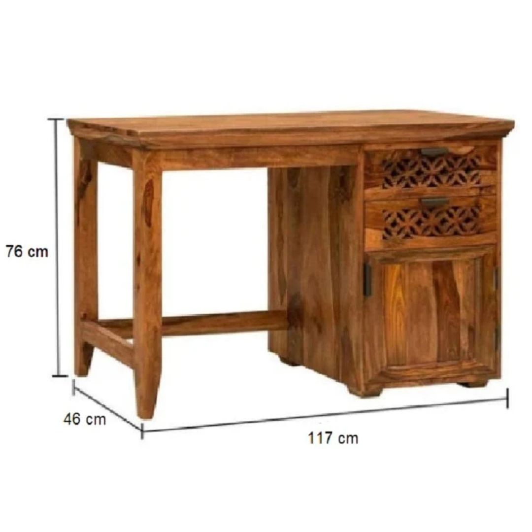 A rustic wooden writing desk with dimensions labeled: 117 cm width, 76 cm height, and 46 cm depth, shown on a plain white background.