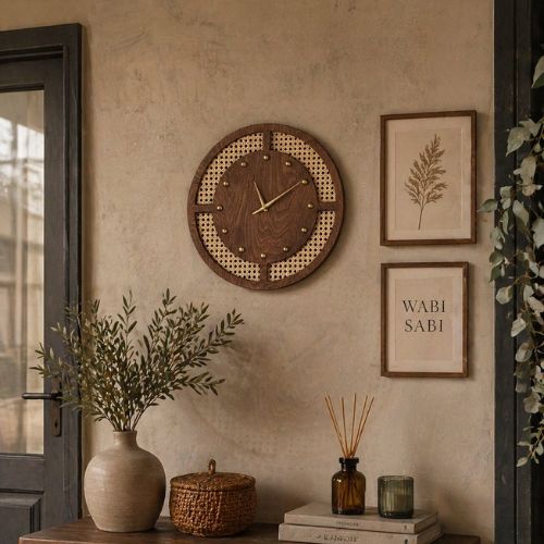 Arched Cane Wooden Wall Clock – Natural Wood Finish