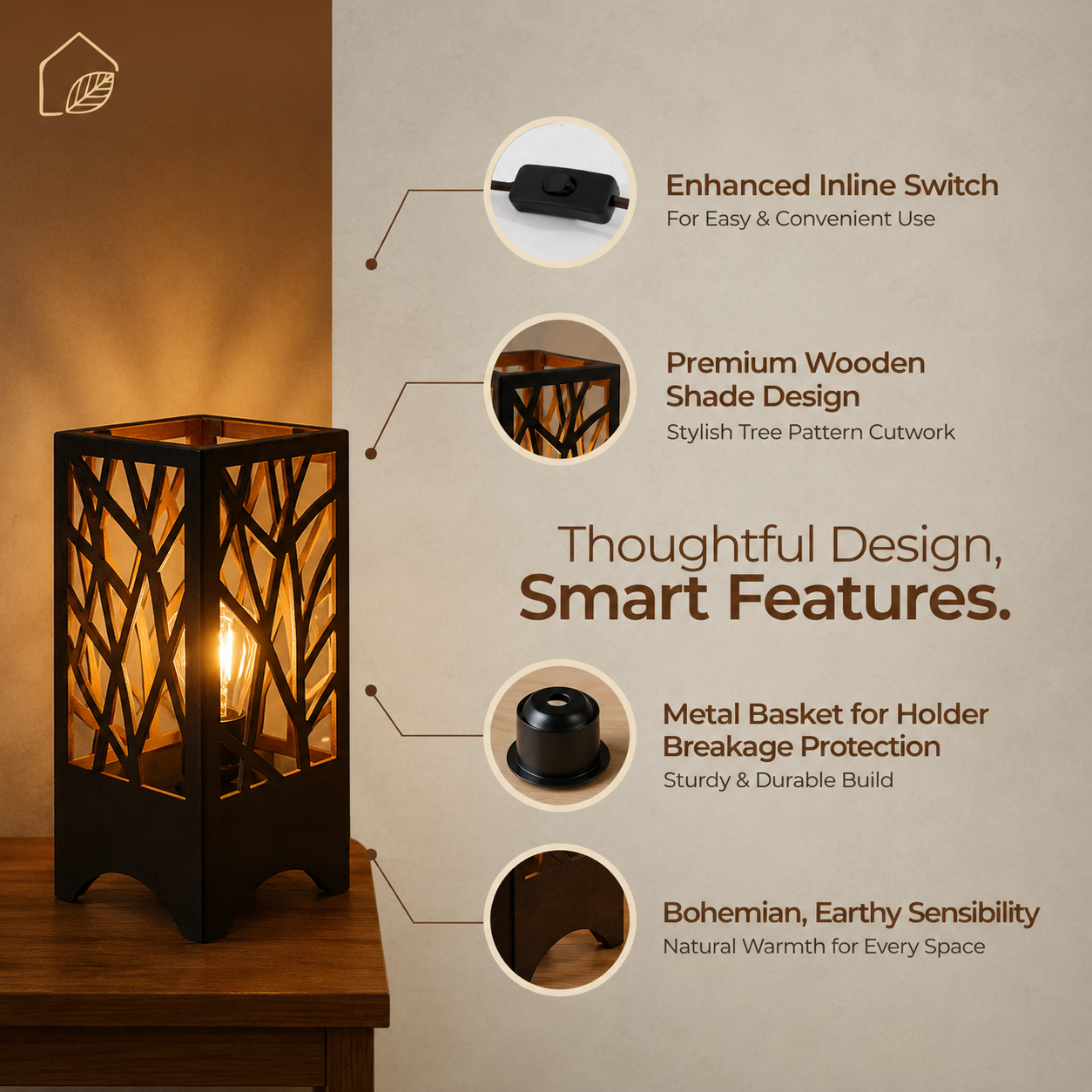 Decorative Wooden Table Lamp with Artistic Cutout Design